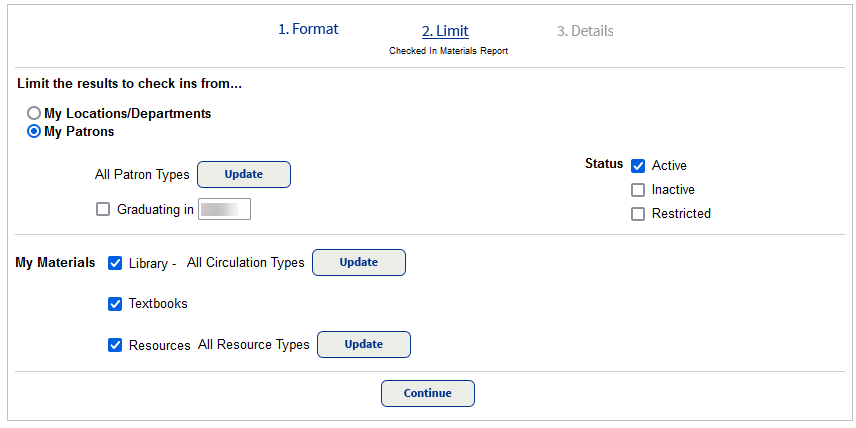 Checked in materials report, limited by patron